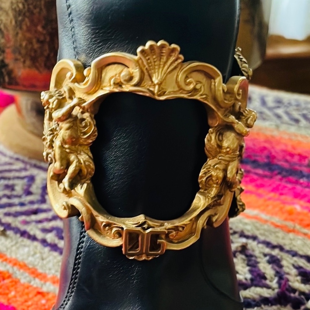 DOLCE & GABBANA VTG Black Leather Baroque Gold Pirate Riding Boots 36 6 Like New - Picture 6 of 16